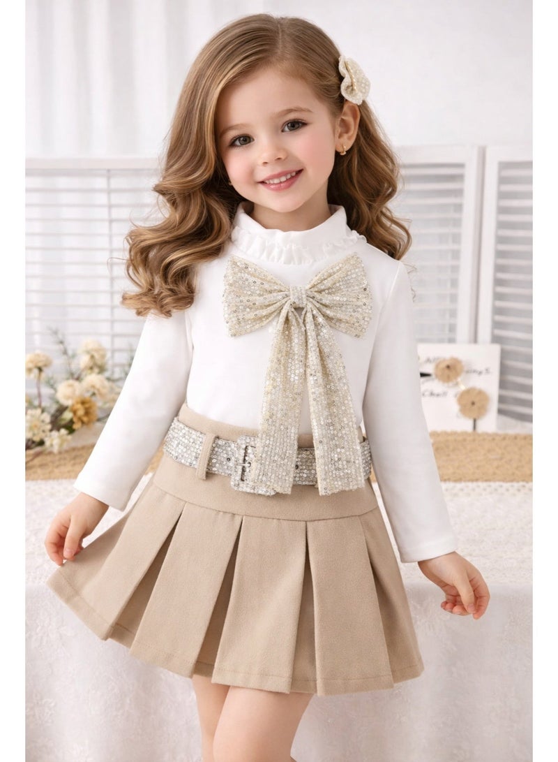 Smarties AE Girls Two Piece Set, Long Sleeve Bow Turtleneck Top with Pleated Skirt, White and Beige, Children's Boutique Clothing - Image 1